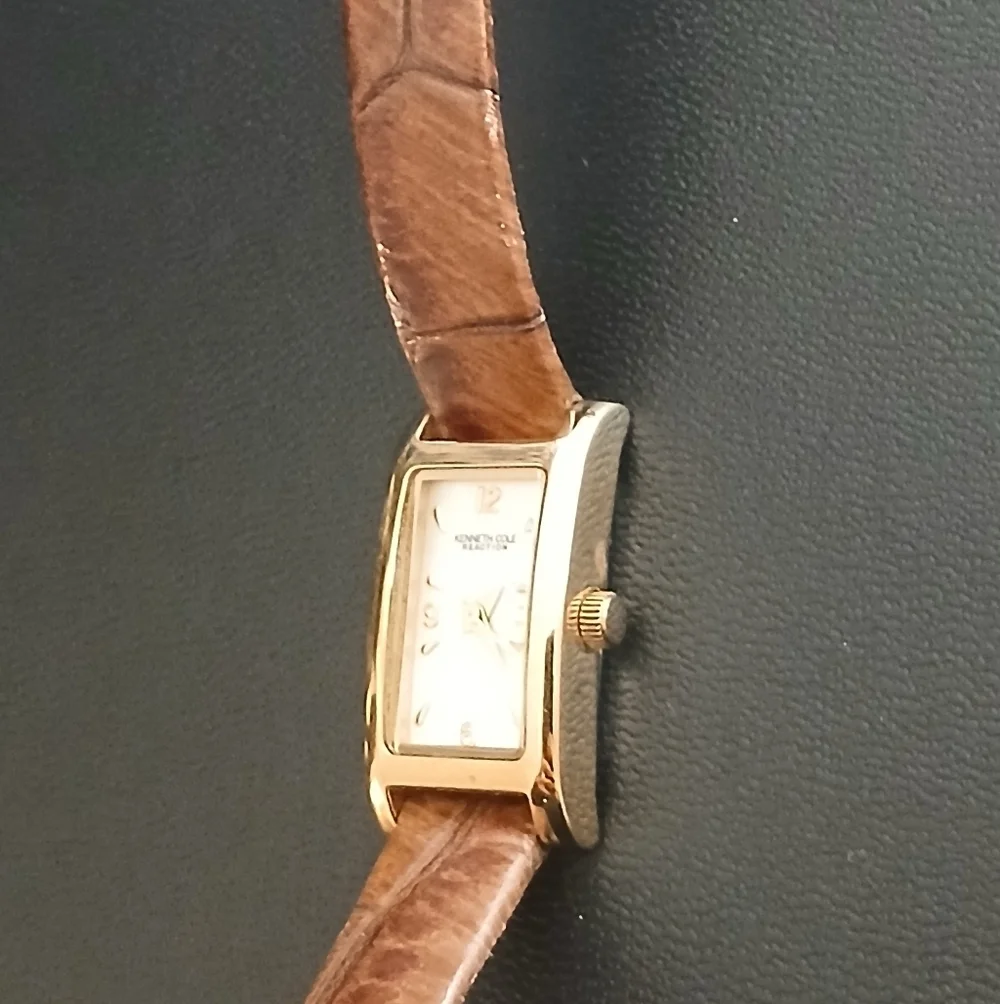Vintage Genuine Leather Watch KENNETH COLE Women's Brown Rectangle Face Dainty